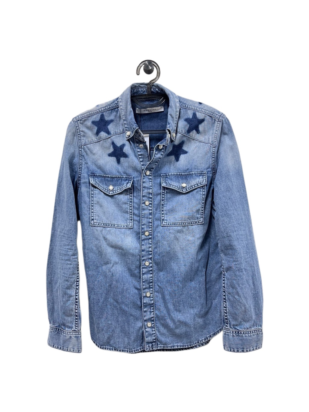 Givenchy Light Blue Denim Western Shirt With Dark Blue Star Appliqus